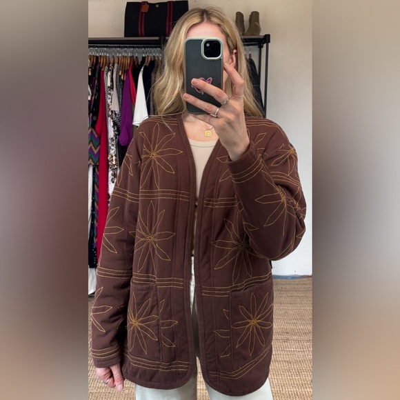 Zara Brown Oversized Knit 100% Cotton Flower Embroidered Cardigan Shacket Jacket - Picture 3 of 10